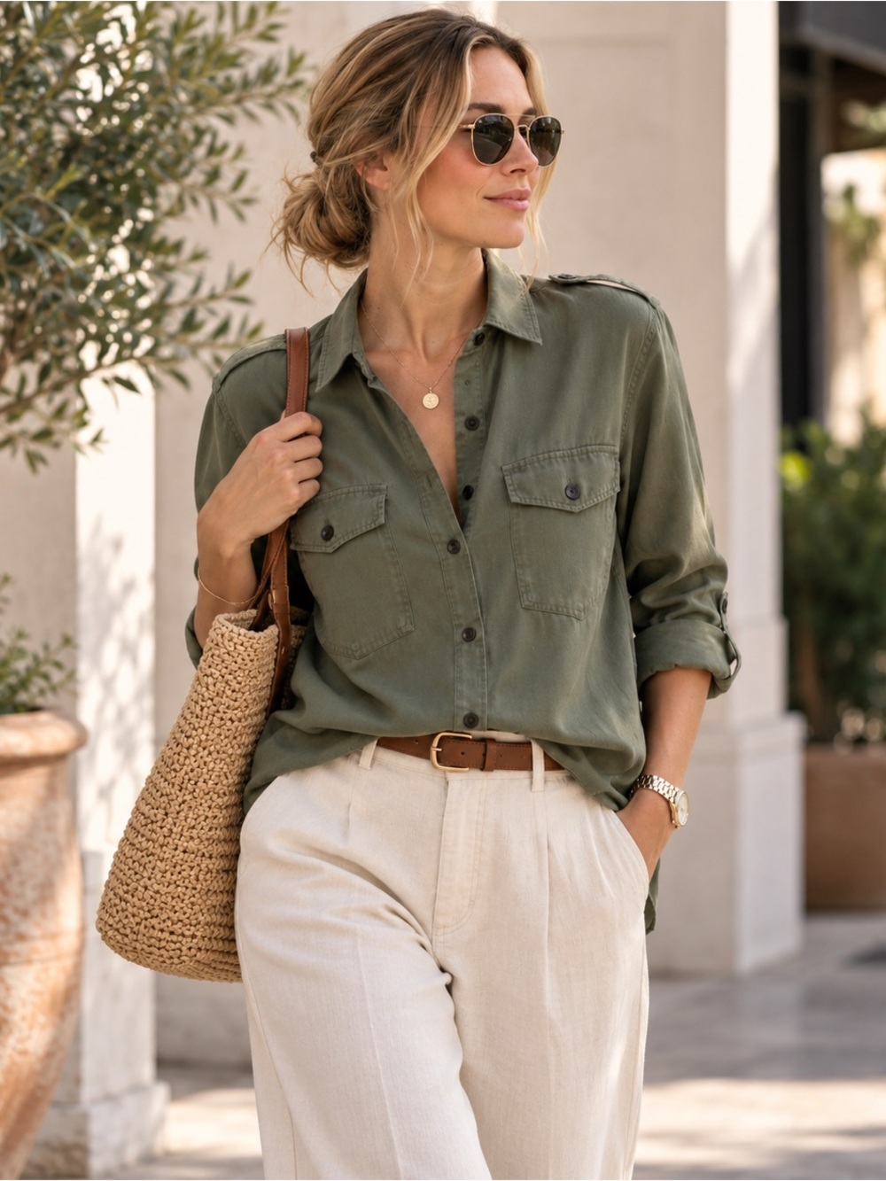 Zara Woman Premium Denim Collection Olive Green Utility Military Shirt Blouse S